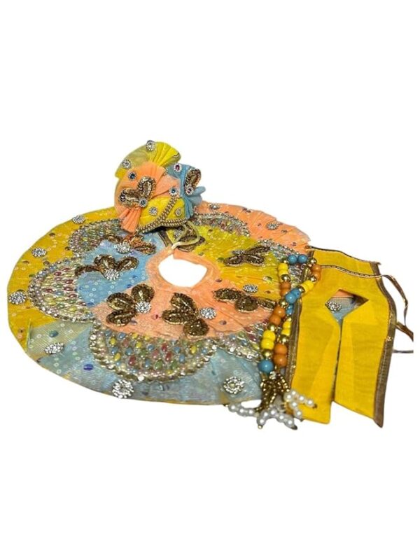 RITUALSNSTYLE Krishna Ji Dress/Thakur Ji Poshak/Poshak/Pagdi, Made of Silk Cloth,Traditional for |Home | Office | Festivals etc| Size - 6 (ONLY Dress) (P11) Golden Coloured Divine Pattern - Image 2