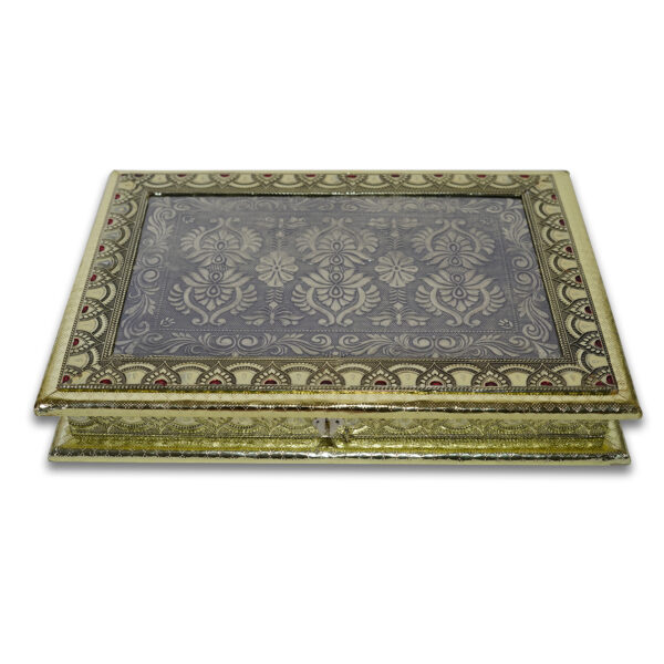 Gujarat Metal Box | Handicrafts Dry Fruit Box | Wooden Meenakari Dry Fruit Box | Dry Fruit Box For Gifting | Empty Dry Fruit Box | Gujarat Metal Box For Diwali | Gujarat Metal Box For Special Occasions | Black And Golden Colour With Hand Work On It (9*13 Size)